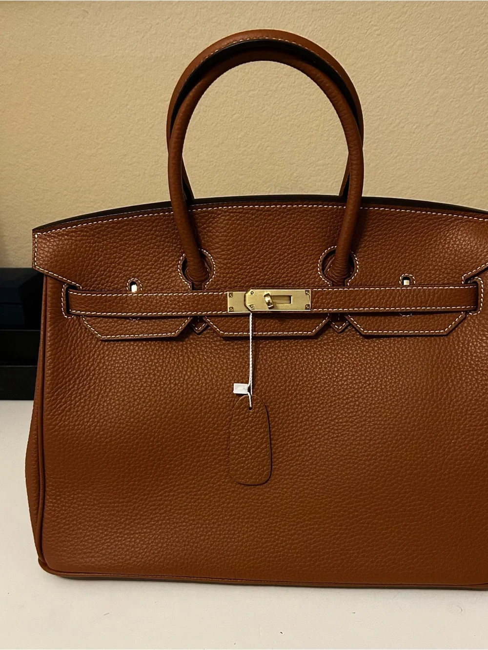 35cm Gold on Brown Top Handle Leather Satchel BK Style